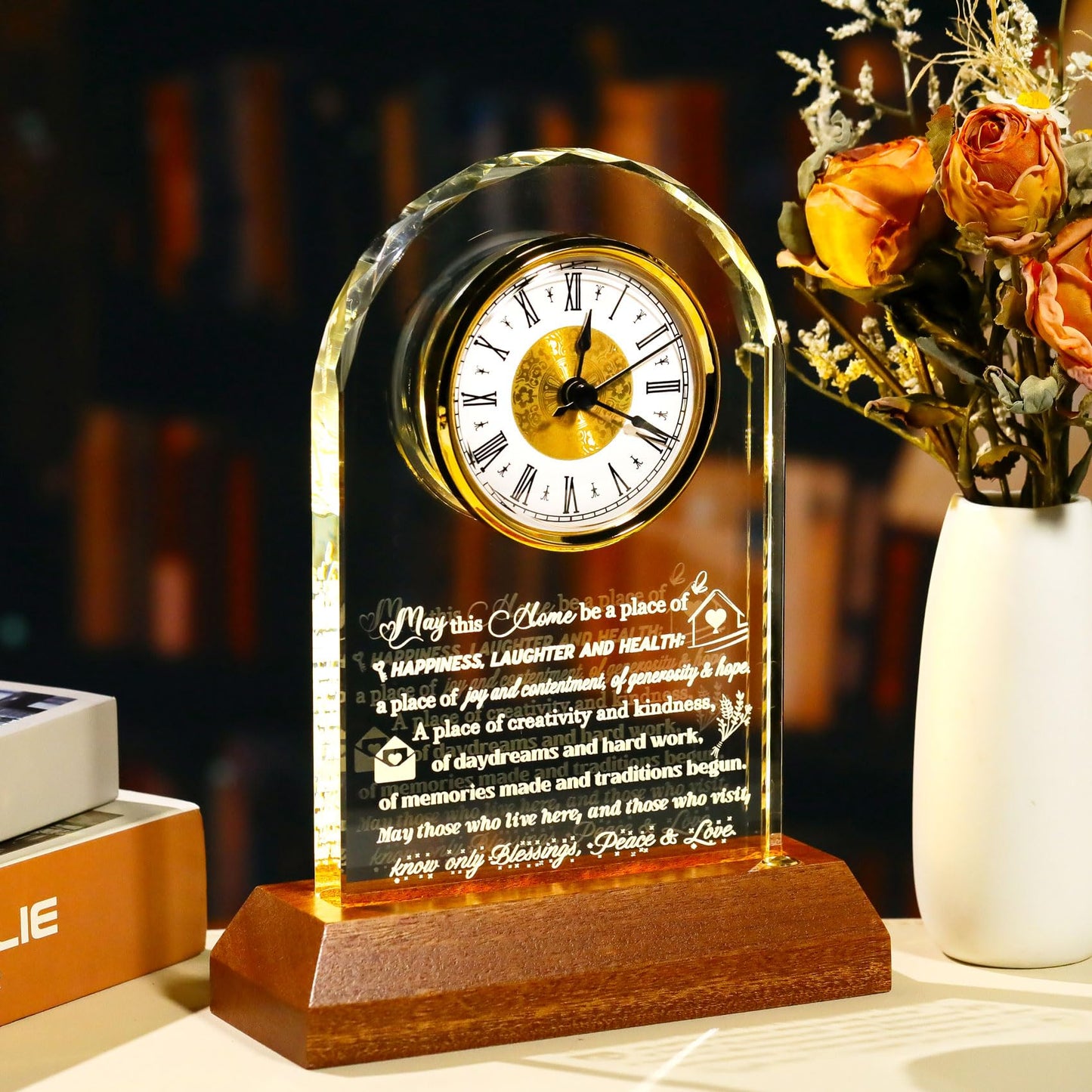 Arikyrist House Warming Gifts Glass Clock with Wooden LED Light Base Unique New Home Gift Ideas for Friends Couples Family Perfect Decor for Kitchen Home Tabletop
