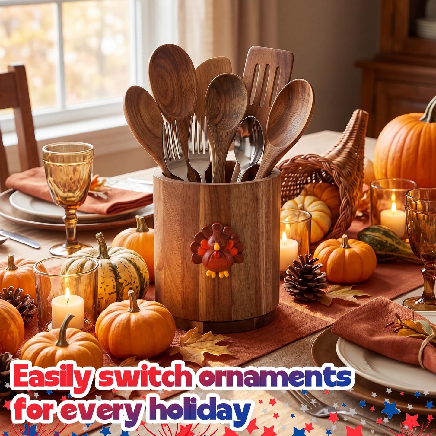Roowest Seasonal Kitchen Decoration Interchangeable Acacia Wood Utensil Holder for Kitchen Counter 360° Rotating 6.7" Wooden Cooking Utensil Crock with Magnetic Ornament for Countertop Farmhouse
