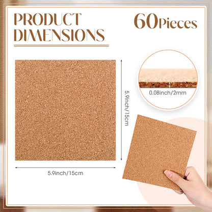 Chunful 60 Pcs Self Adhesive Cork Squares 6" x 6" Cork Backing Sheets for Coasters DIY Ceramic Tiles, Mat, Mini Wall Board, 2 mm Thick