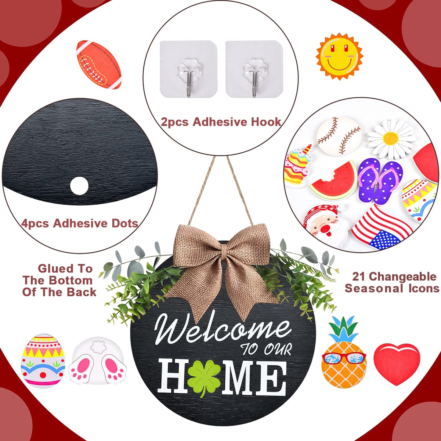 Interchangeable Welcome Home Sign, Seasonal Front Porch Door Decor With 21 Changeable Seasonal Icons for Halloween/Christmas/Independence Day, Rustic Wood Wreaths for Housewarming Gift (12") (Black)