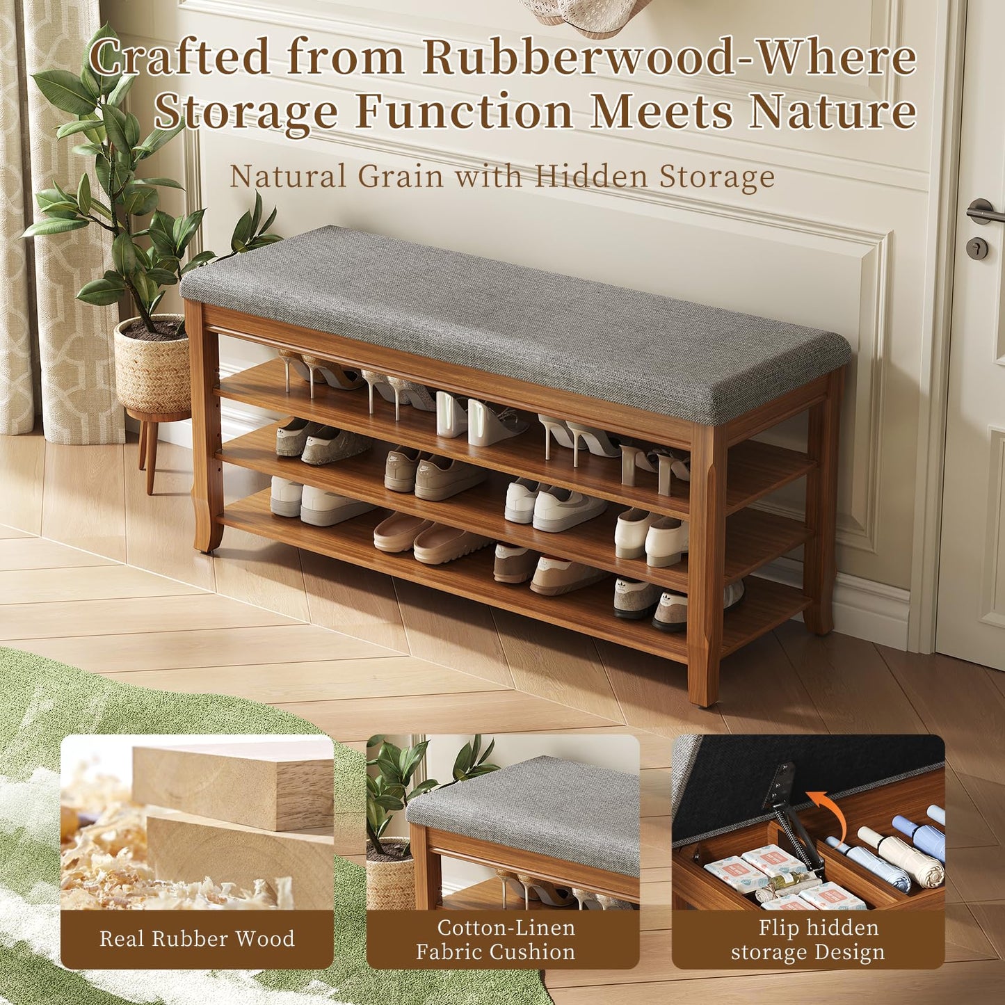 Drogenble SolidWood Entryway Shoe Storage Bench, Flip-Top Soft-Close Lid, Adjustable Shelves, Cushioned Entryway Shoe Rack Organizer,Hallway, Closet, Foyer 39.4''