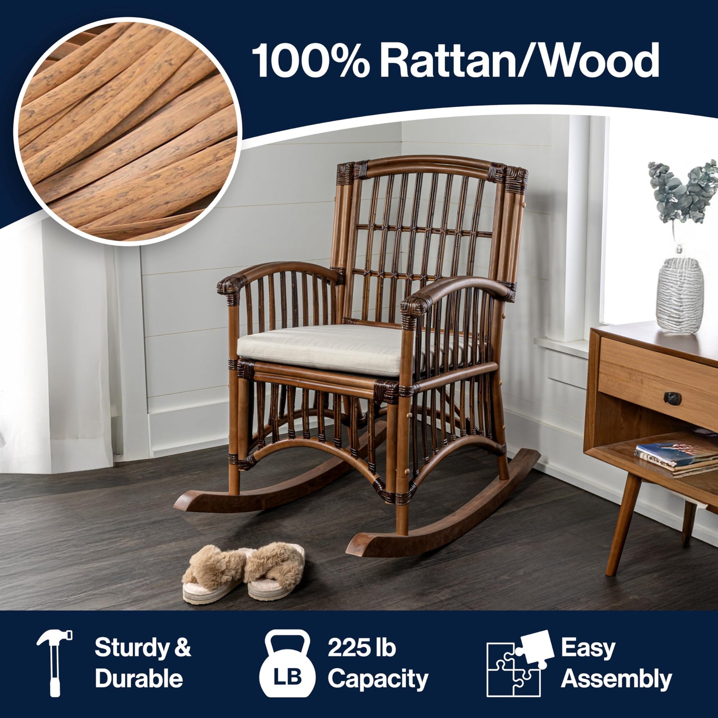 JONATHAN Y Swayze Mango Wood and Rattan Rocking Chair with Cushion, 39" H Bohemian Indoor Accent Armchair for Nursery or Living Room, Brown RCK200A
