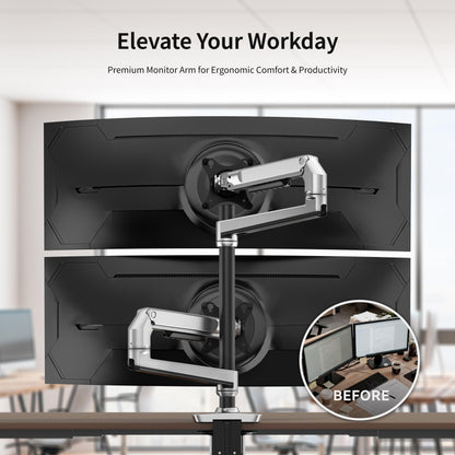 Ergounion Premium Dual Monitor Stand for Desk, High-Grade Aluminum Stacked Monitor Arm with Heavy-Duty Mechanical Spring, Adjustable Vertical Double Monitor Mount for 13-40 inch Screens, Silver