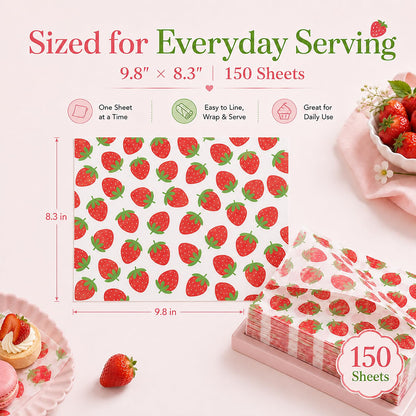 150 Sheets Strawberry Wax Paper for Food Deli, 9.8 x 8.3'' Preppy Strawberry Patterns Greaseproof Sandwich Wrapping Paper for Picnic Basket Liner Summer Birthday Party Supplies