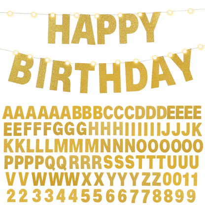 TaoBary 112 Pcs DIY Letter Kit Glitter Customizable Banner Letters Include 107 Letters and Numbers 3 Rope and 2 Needles for Birthday Halloween Christmas Wedding Valentine Party Decor(Gold)
