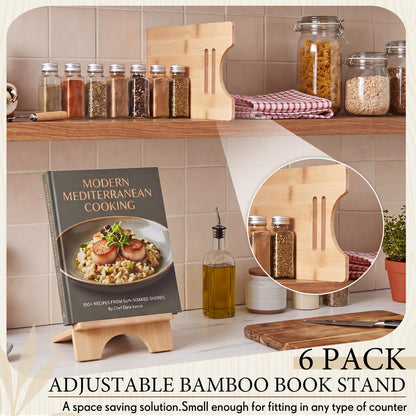 Novabright 6 Pack Adjustable Bamboo Cookbook Stand for Kitchen Counter 8 x 5 Inch Wooden Cookbook Holder for Recipe Book, Tablet, Reading, Desk Magazine Display Rack for Home Office Kitchen