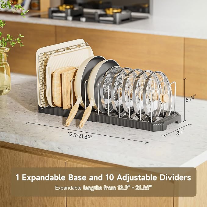 MUDEELA Pots and Pans Organizer under Cabinet, Expandable Rack with Pot Lid Holder and 12 Adjustable Dividers, Pan Organizers inside Cabinet for Kitchen Organization, Cutting Boards, Baking Sheets