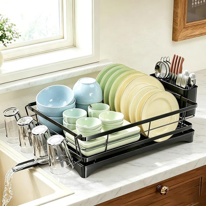 Ekisemio Dish Drying Rack with Cutlery Holder & Drip Tray, Black 12"x15.7" | Ekisemio Dish Drying Rack | Cutlery Holder & Drip Tray | Space Saving | Fast Drainage | Tool-Free | Anti-Slip Feet