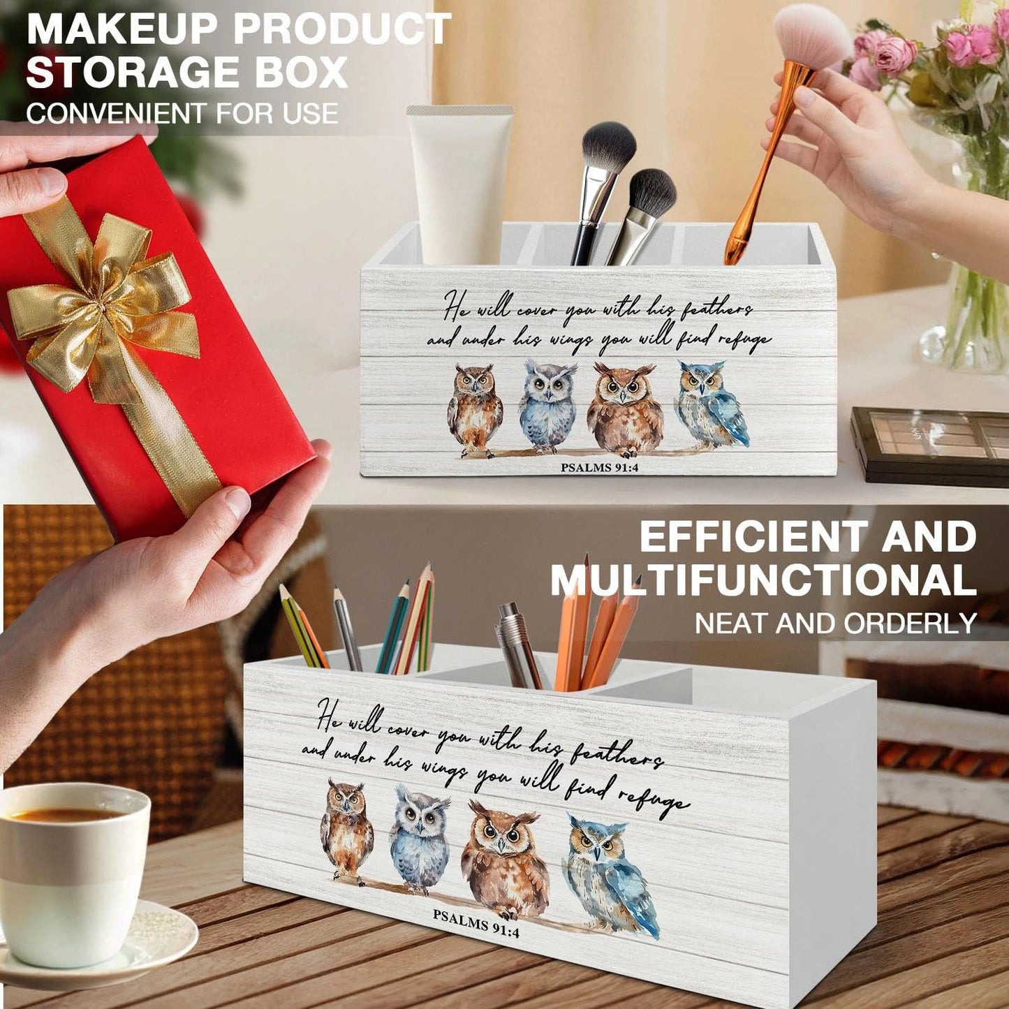 LIANGEAGOM Christian Owl Bird Pen Pencil Holder Organizer for Desk Accessories, Christian Gifts for Women, Owl Gifts, Bible Verse Wooden Box Signs Decorations for Home Office Desk Tabletop