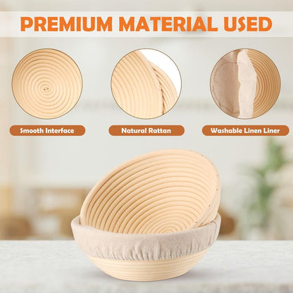 E-far Bread Proofing Basket Set of 2, 9 Inch Round Dough Bowls for Rising, Sourdough Bread Baking Supplies with Liners for Home and Professional Baking