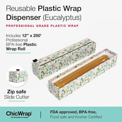 ChicWrap Eucalyptus Refillable Plastic Wrap Dispenser - One 12" x 250' Roll of Professional Grade Plastic Wrap - BPA Free and Kosher Certified - Reusable Dispenser w/Slide Cutter