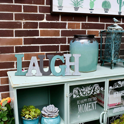 Rustic Wood Sign Décor Decorative Letters Block Free-standing Word Signs Hanging Wooden Cutout Wall Decoration Tabletop Centerpiece (Laugh)