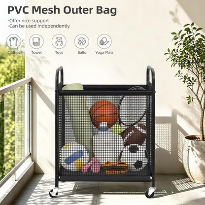 STORAGE MANIAC Rolling Laundry Hamper with Wheels 2-Section Laundry Sorter Rolling Laundrys Basket on Wheels with Removable Bag Clothes Hamper Laundrys Organizer Cart Bathroom Bedroom 100L Grey