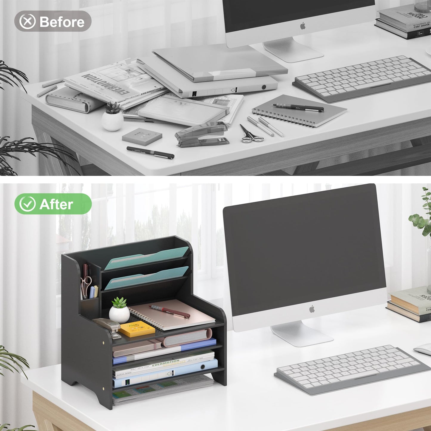 Wisuce Essentials Bamboo Desk Organizer Mail Holder Countertop Letter Tray File Desktop Mail Holder Countertop Organizer for Desktop Letter Sorter Paper File Storage for School Home Office Supplies