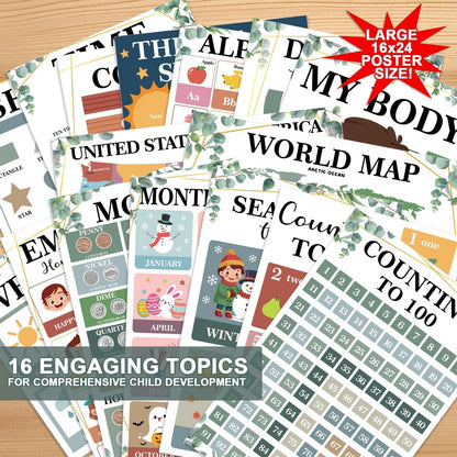 16 Pcs 16”x24” Large Educational Posters for Classroom Decor Educational Posters for Toddlers 1-3 Learning Poster for Boys Girls Ages 3-5 Kindergarten Preschool Classroom Teacher Must Haves Eucalyptus