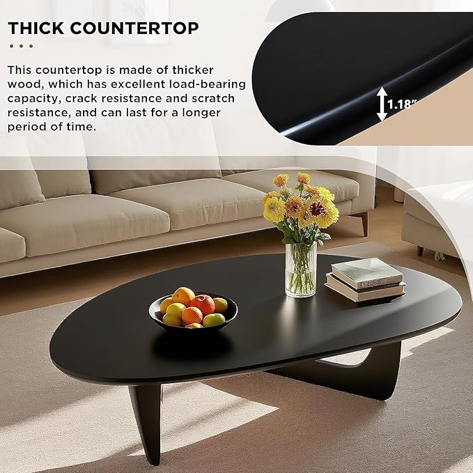 Solid Wood Triangle Coffee Table,Unique Mid Century Modern Oval Coffee Table,Irregular Geometric Tea Tables for Home Living Room with Wooden Tabletop and Reinforced Legs Black 50" L x 31" W x 16" H