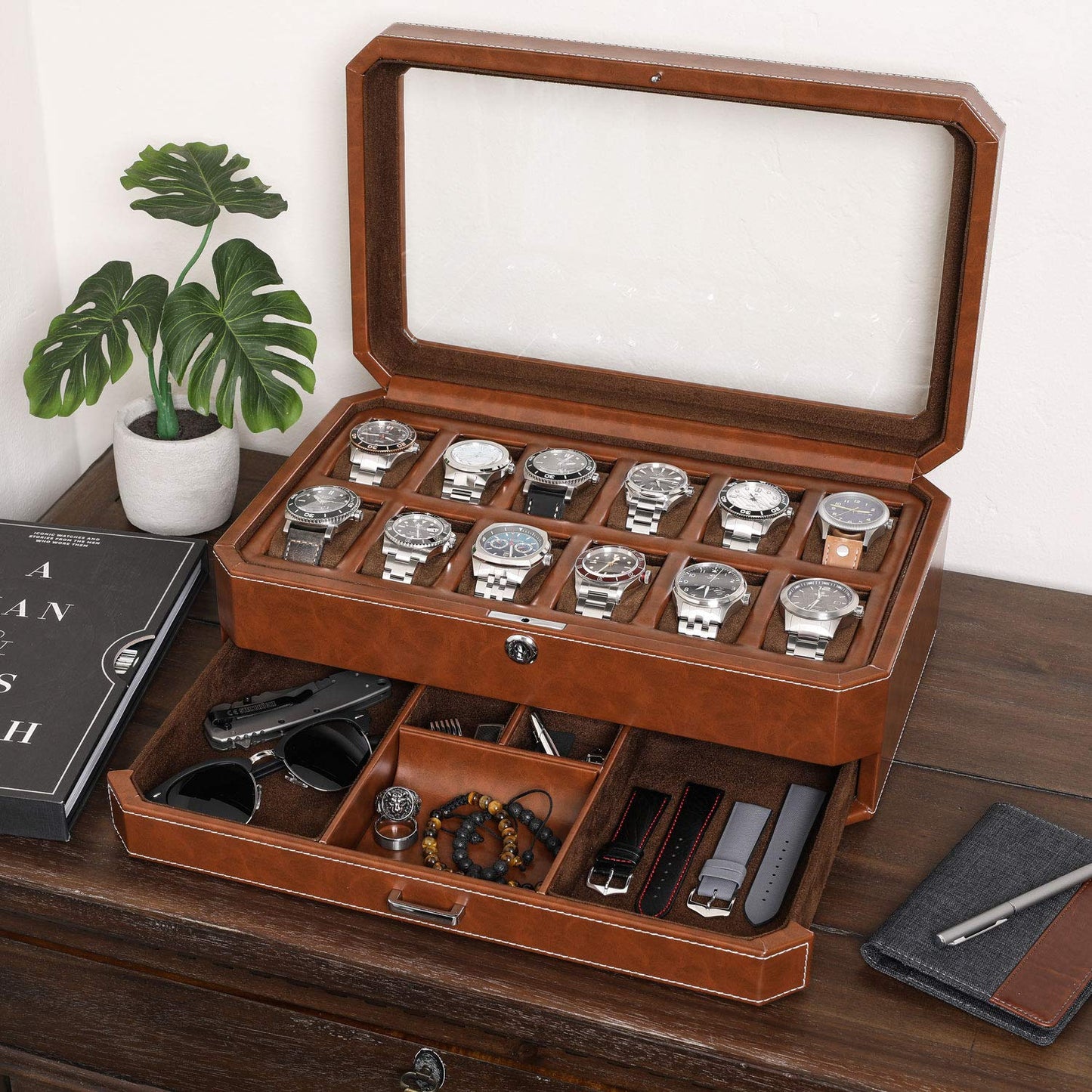 ROTHWELL 12 Slot Leather Watch Box with Valet Drawer - 12 Slot Luxury Watch Case Display Organizer, Microsuede Liner, Mens Accessories Holder, Jewelry Case, Jewelry Display Organizer (Tan/Brown)