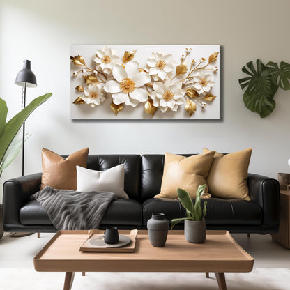 JuhaiArt Gold Wall Decor White 3D Floral Wall Art Elegant Flower Canvas Decor for Bedroom Living Room Office Picture Artwork 24" x 48"
