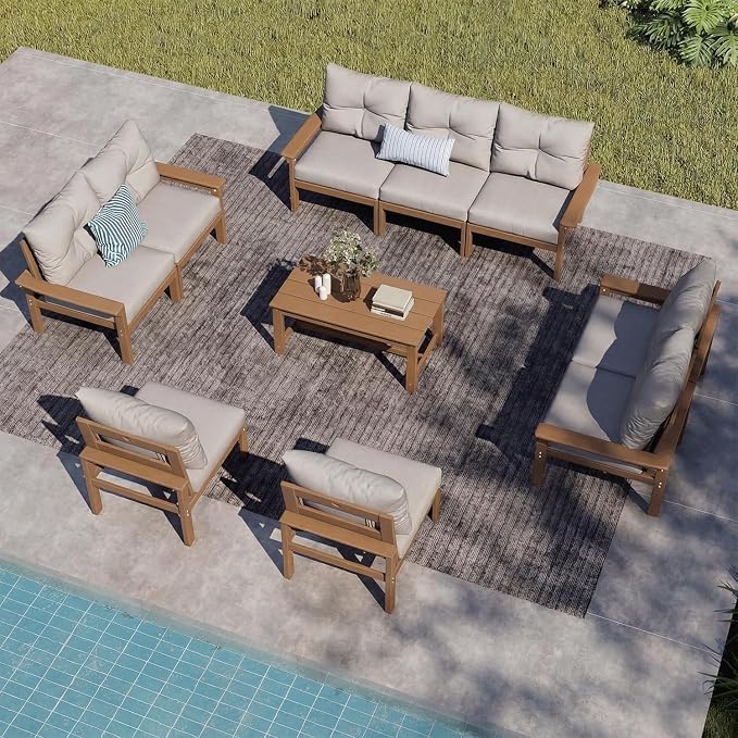 Teak HDPE Outdoor Patio Furniture Set, 10-Piece Patio Conversation Sets with Coffee Table & Washable Thick Cushions, Outdoor Sofa for Garden, Balcony, Porch, Yard, Lawn, Poolside