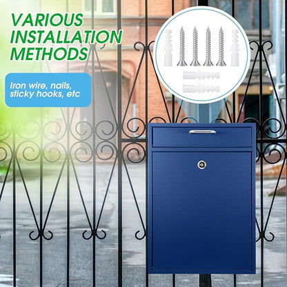 Yaocom Locking Mailbox with Key for Outdoor 16.2 x 11.2 x 4.7 Inches Large Wall Mount Mail Box with Lock Security Mail Drop Metal Collection Boxes Hanging Secure Postbox(Dark Blue)