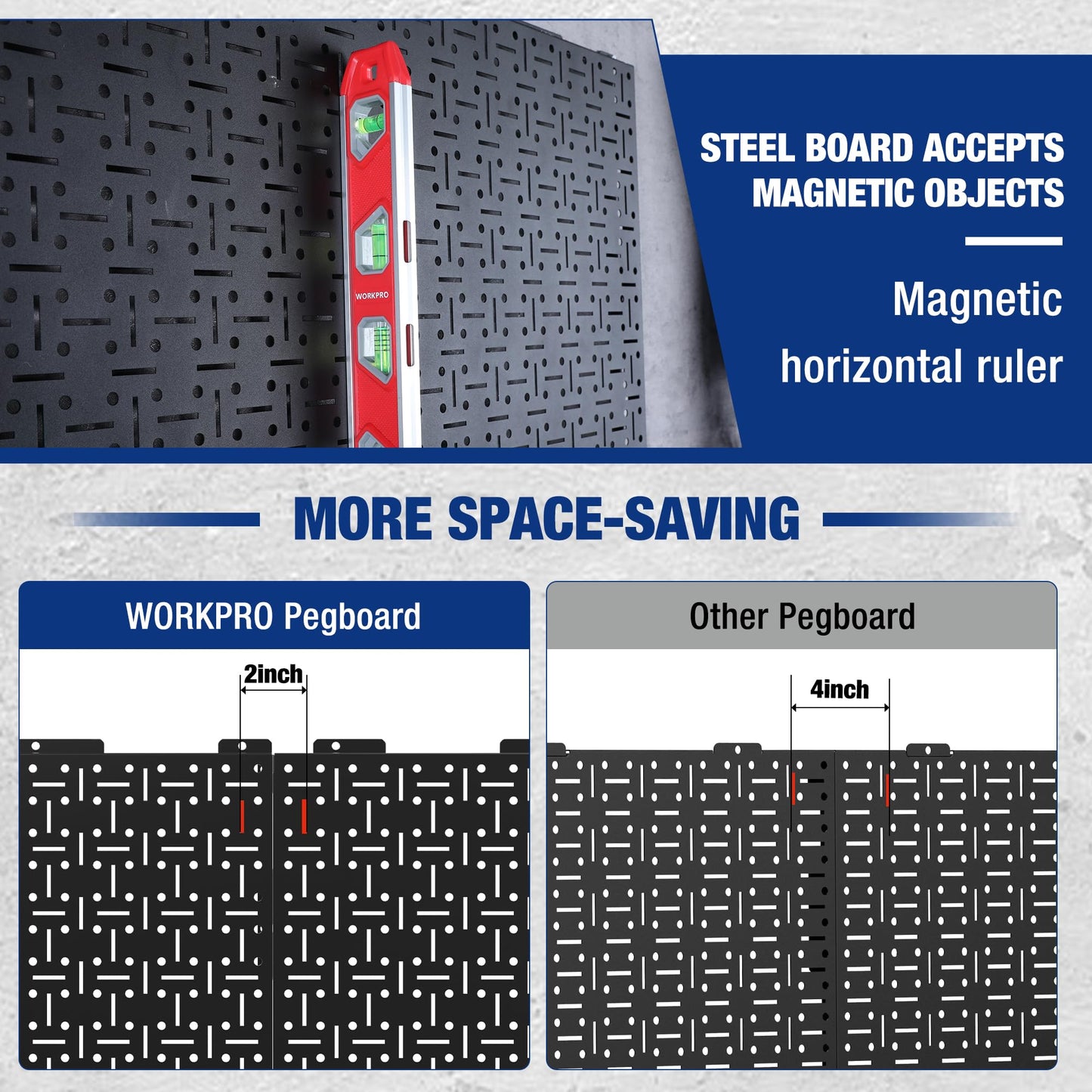 WORKPRO Metal Pegboard 16”x 32” Steel Panel with Round Holes & Vertical Slots, Black Heavy Duty Garage Peg Board Wall Pegboard Organizer for Wood Working Work Shop, Craft Room, 2 Pack