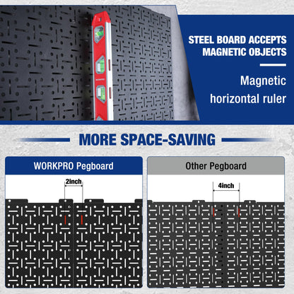 WORKPRO Metal Pegboard 16”x 32” Steel Panel with Round Holes & Vertical Slots, Black Heavy Duty Garage Peg Board Wall Pegboard Organizer for Wood Working Work Shop, Craft Room, 2 Pack