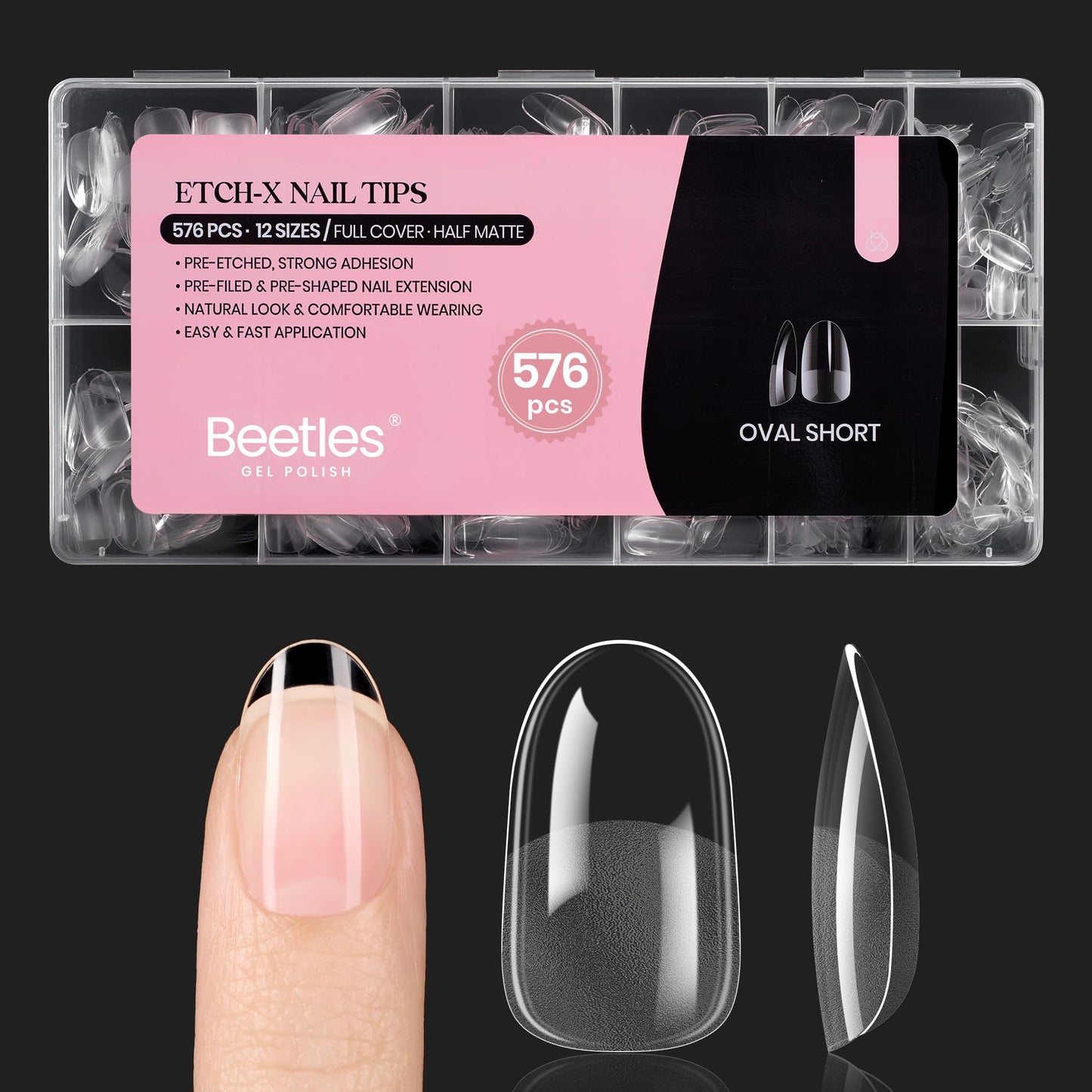 Beetles Gel Nail Kit Short Almond with Nail Dehydrator and Primer, 576Pcs Half Matte Etch-X Gel Nail Tips Solid Nail Glue Mini Nail Lamp Acrylic Nail Tips Easy DIY Nail Extension Set Gift for Women