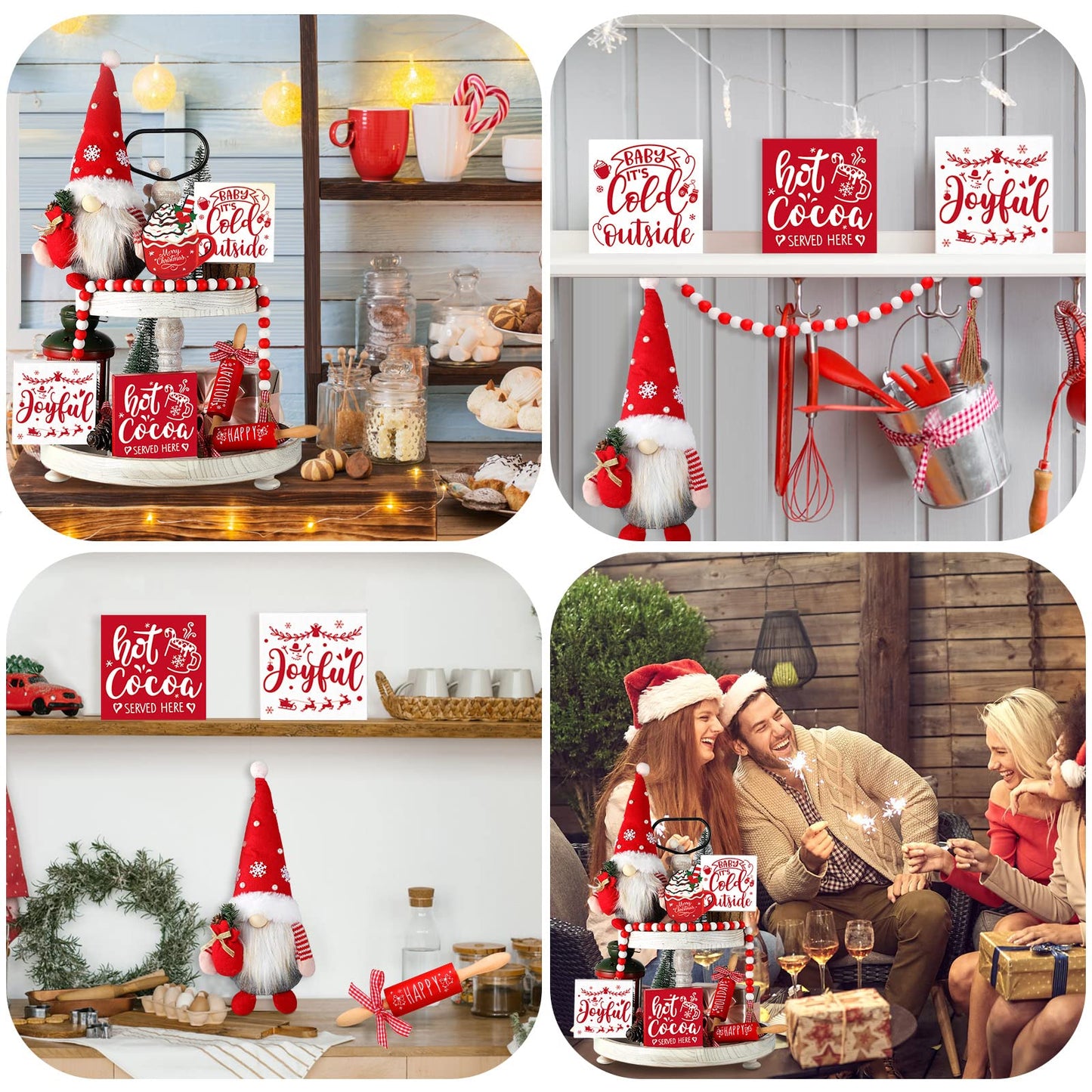 8 Pcs Christmas Tiered Tray Decor Includes 1 Pc Christmas Gnomes Plush Balls 4 Pcs Small Wooden Signs 2 Pcs Decorative Mini Rolling Pins 1pc Wood Holiday Bead Garland for Table Home Kitchen Decor