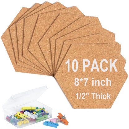 SVOPY 10 Pack Cork Bulletin Board Hexagon - Decorative Display Boards, 1/2" Thick Self-Adhesive Cork Board Tiles for Home Office Decor, School Message Board (10 Pcs)