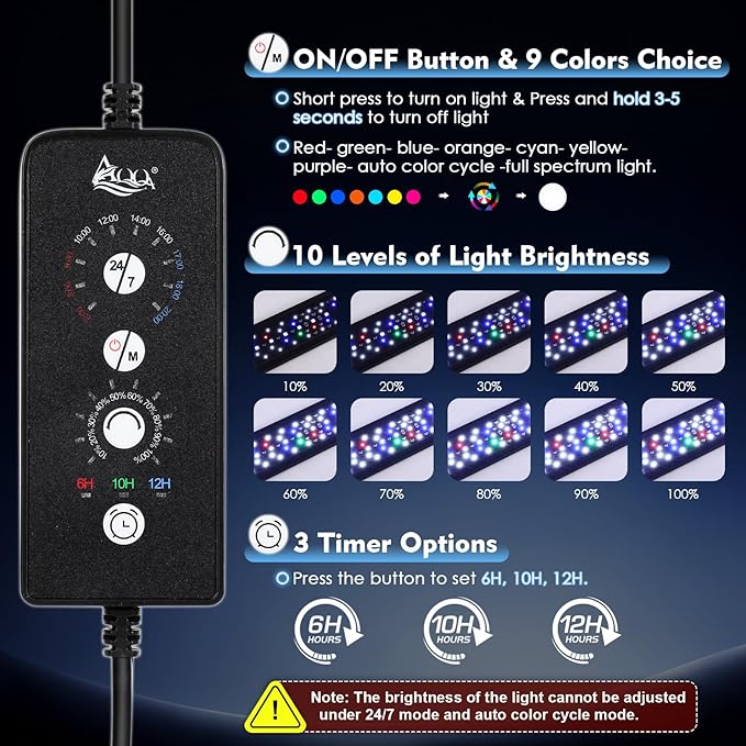 AQQA LED Aquarium Light 60W for 40-48 Inch Fish Tank, 24/7 Mode&DIY Mode Full Spectrum Fish Tank Light, IP68 Waterproof High Lumen Aquarium Plant Light, Adjustable Brightness/Timer, Memory Function
