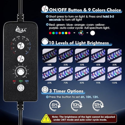 AQQA LED Aquarium Light 24W for 12-18 Inch Fish Tank, 24/7 Mode&DIY Mode Full Spectrum Fish Tank Light, IP68 Waterproof High Lumen Aquarium Plant Light, Adjustable Brightness/Timer, Memory Function