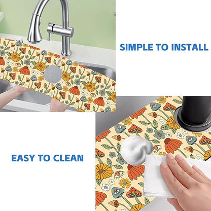 Abstract 70s Mushroom Floral Sink Faucet Absorbing Mat Sink Splash Guard Faucet
