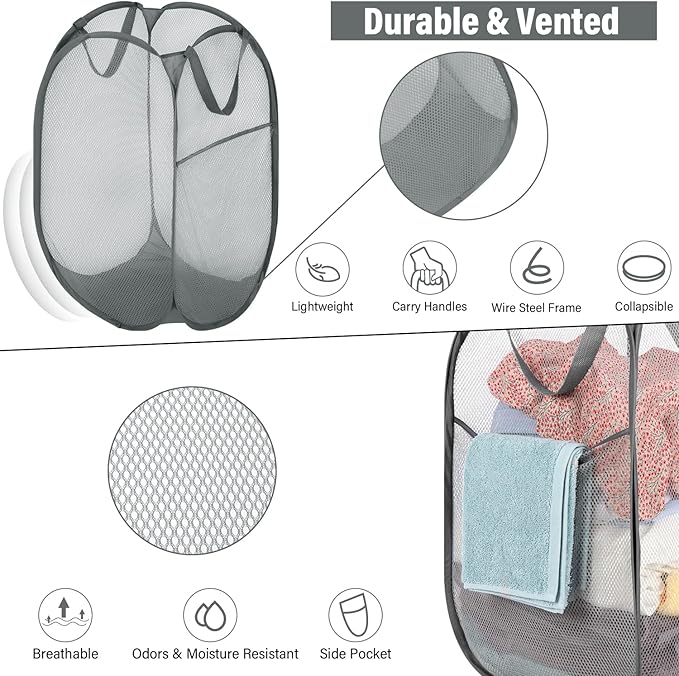 BATTOO 3 Pack Collapsible Laundry Basket Strong Mesh Pop Up Laundry Hamper