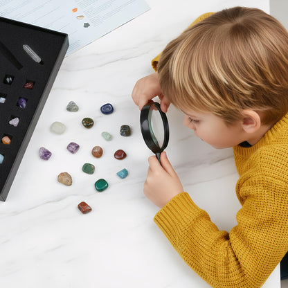 Natural Crystal Mineral Collection Kit - 43 Pcs Natural Rocks & Gemstones with Magnifying Glass, Pen & Crystal Guidebook, Geoscience Starter Collection Set for Kids & Adults Rock Enthusiasts