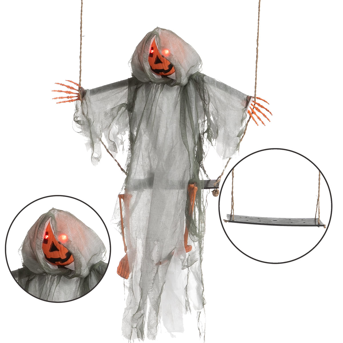 JOYIN 2 Pcs Halloween Hanging Swinging Ghosts Decorations Outdoor, Witch and Pumpkin Face with Lighted Up Eyes, Outside for Yard Patio Lawn Garden Party