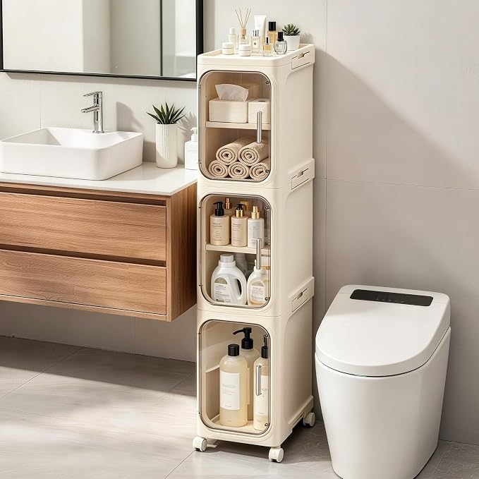 3-Tier Slim Narrow Bathroom Storage Cabinet, Cream White | Tool Free Assembly, Adjustable shelves, Fits for Narrow Spaces, Lockable Wheels, Magnetic Clear Door