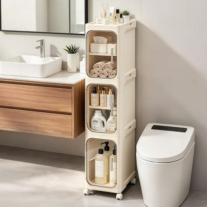 3-Tier Slim Narrow Bathroom Storage Cabinet, Cream White | Tool Free Assembly, Adjustable shelves, Fits for Narrow Spaces, Lockable Wheels, Magnetic Clear Door