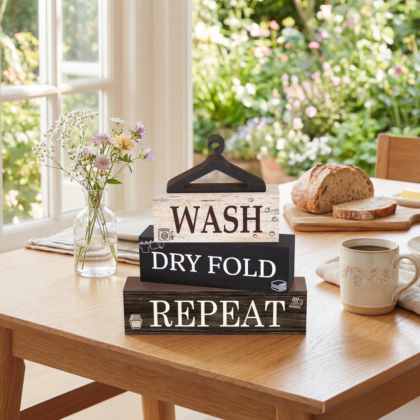 4 Pcs Laundry Wooden Table Decor, Laundry Farmhouse Table Decorations for Home Office