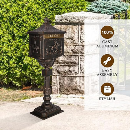 Mailbox, Heavy Duty Cast Aluminum Postal Box, Mail Box with 2 Keys for Courtyard Villa Decoration - Bronze
