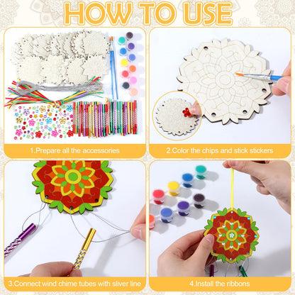 JellyArch 30 Pack Spring Mandala Wind Chime Making Crafts Kit for Adults, Make Your Own Wind Chime Bulk Wooden Hanging Ornaments for DIY Activity Birthday Summer Decoration