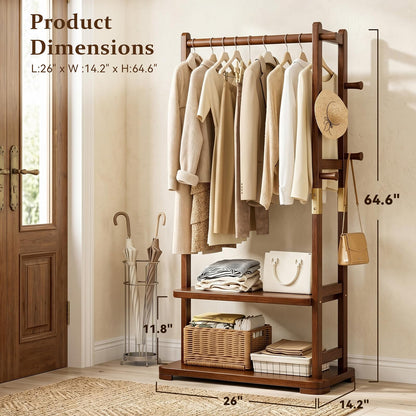 Taitiy Coat Rack Solid Wood Clothes Rack with 2 Shelves & 5 Hooks for Hanging Clothes Garment Wallets Hats, Clothing Rack Heavy Duty Coat Rack Freestanding with Storage Hall Tree for Hallway Bedroom