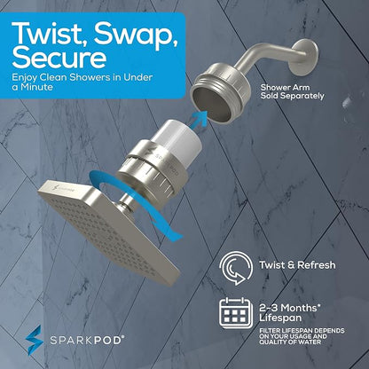 SparkPod 23-Stage Filtered Shower Head, 6" Square, Brushed Nickel | Filtered Shower Head for Hard Water Filter, High Pressure, Reduces Chlorine, Heavy Metals, For Dry Skin & Hair