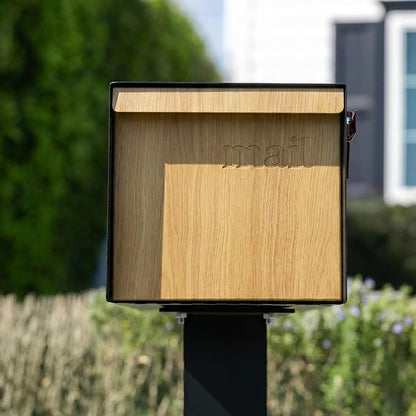 Adoorn Post Mount Outdoor Mailboxes - Large Decorative Mailbox for Letters and Packages - Weatherproof Construction - Durable Steel - Magnetic Closure - 9.5” H x 9.5” W x 20.75” D - White Oak
