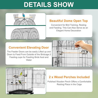 ZENY 63.5 Inch Open-Top Birdcage, Wrought Iron Bird Cage with Slide-Out Tray + Detachable Rolling Stand, Pet Parrot Cage for Parakeets Cockatoo Cockatiels, Play-Top Birdcage