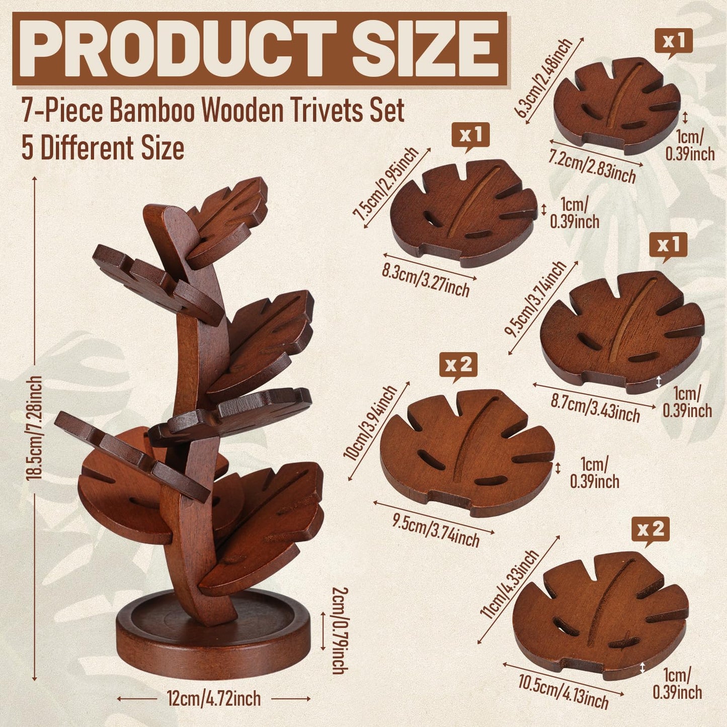 Zhehao 7 Pcs Bamboo Wooden Tree Trivets with Storage Stand, Tea Brown Tree Shape Coaster Trivet Set for Hot Dishes Pot Bowl Teapot Heat Resistant Mat Set for Countertop Kitchen Dining Table
