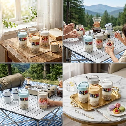 4Pack Overnight Oats Containers with Lids and Spoons,14 oz Airtight Oatmeal Container,Mason Jars with Lid for Cereal,Milk,Fruit,Yogurt,On The Go Container,Salad Jars,Glass Jars (Mixed Color)