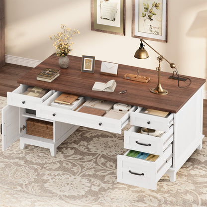 IDEALHOUSE Farmhouse Executive Desk 60 Inch, Wooden Home Office Desk with Adjustable Storage Cabinet, Built-in Charging Port, File Cabinet for Writing & Study, Elegant Workstation, Brownish White