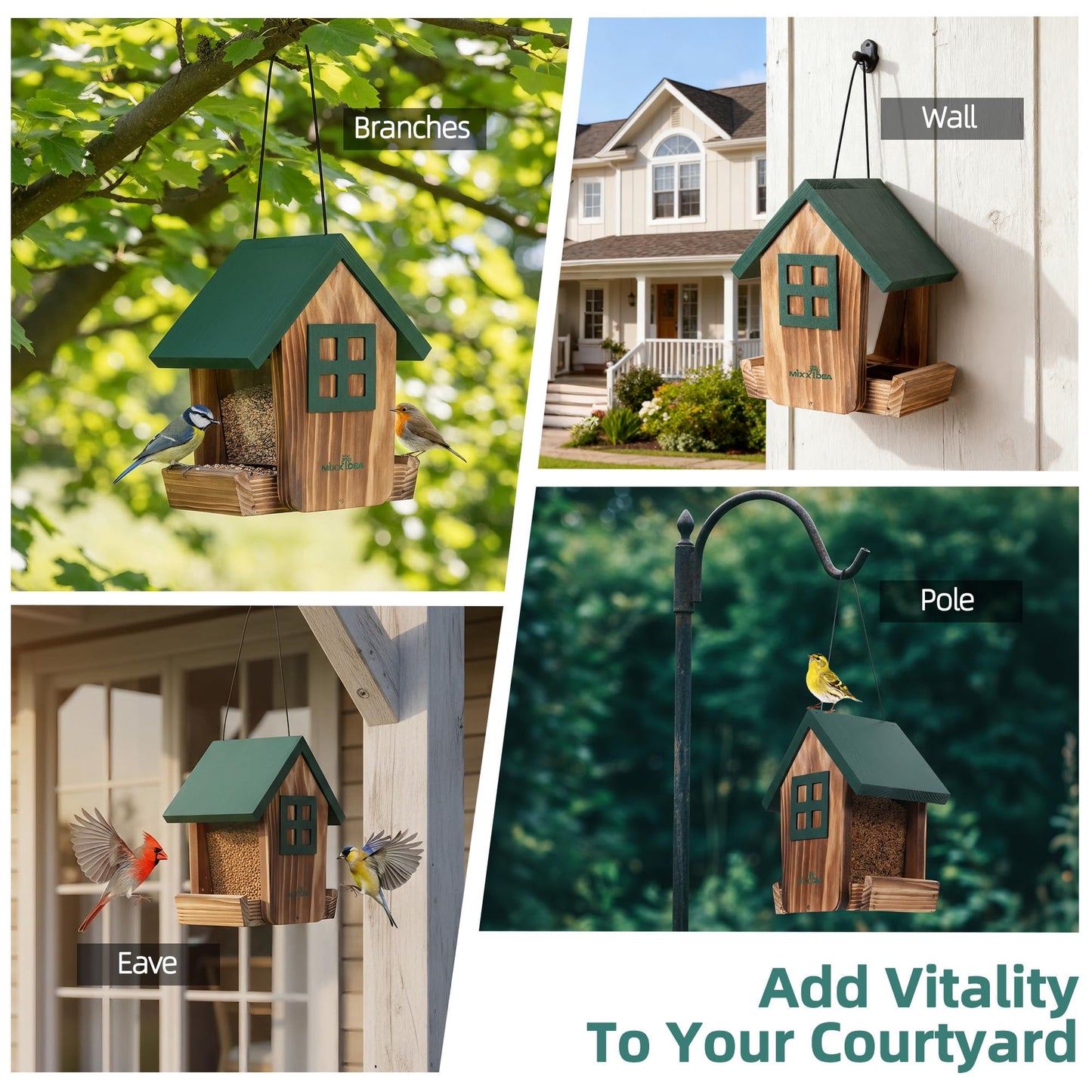 MIXXIDEA Bird Feeder for Outdoors Hanging, Wooden Bird Feeder House with Weatherproof Roof & Metal Tray, Attracting Wild Birds for Outside, Yard, Garden Decoration, Green
