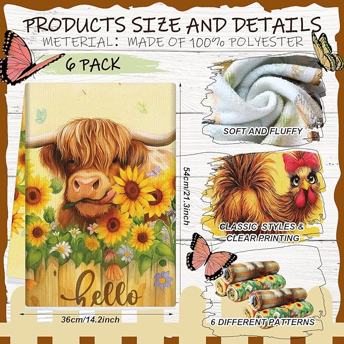 Breling Set of 6 Farmhouse Animal Kitchen Towels Funny Dish Towel Bathroom