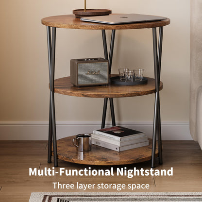 Lumbershed 23 Inch Round Side Table 3-Tier End Table Living Room Small Patio Table Nightstands Round Coffee Table Spacious Top for Couch Bedroom 3 Storage Shelves Accent Coffee Table, Rustic Brown
